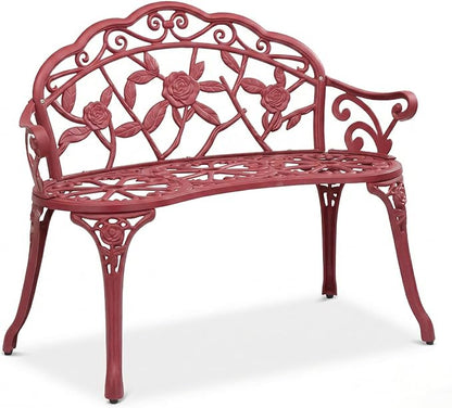 Antique Red Outdoor Garden Bench - 38.5" Rose Pattern Cast Aluminum Patio Furniture - Weather Resistant 2-Seater Porch Loveseat for Yard, Park, & Balcony - Supports 300lbs