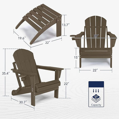 Oversized Adirondack Chair with Footrest, Folding Outdoor Chair with Ottoman and Cup Holder, Weather Resistant Fire Pit Chairs for Outside, Patio, Lawn, Garden, Backyard Deck, Porch, Pool