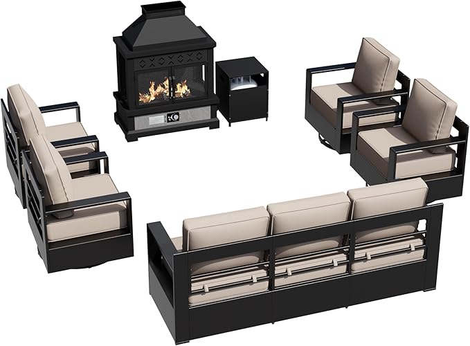 Outdoor Aluminum Furniture Set, 5-Piece Patio Conversation Set, 4 Swivel Chairs, 1 Sofa and 1 Fireplace - Photo 8