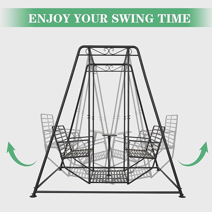 Kinfant 4-Seat Outdoor Patio Swing Chair with Stand, Heavy Duty 880 LBS Weight Capacity Metal Swing Bench with Table, 87”Height Porch Swings Set for Patio Garden Backyard, Steel