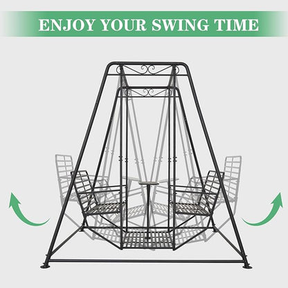 Kinfant 4-Seat Outdoor Patio Swing Chair with Stand, Heavy Duty 880 LBS Weight Capacity Metal Swing Bench with Table, 87”Height Porch Swings Set for Patio Garden Backyard, Steel