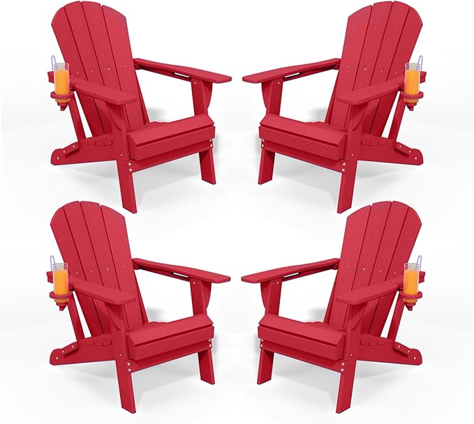Folding Adirondack Chairs with Cup Holders, Set of 4 HDPE Plastic Outdoor Chairs, Weather Resistant, Real Wood Look, Heavy-Duty Patio Furniture for Deck, Fire Pit, Backyard, Red