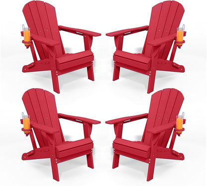 Folding Adirondack Chairs with Cup Holders, Set of 4 HDPE Plastic Outdoor Chairs, Weather Resistant, Real Wood Look, Heavy-Duty Patio Furniture for Deck, Fire Pit, Backyard, Red