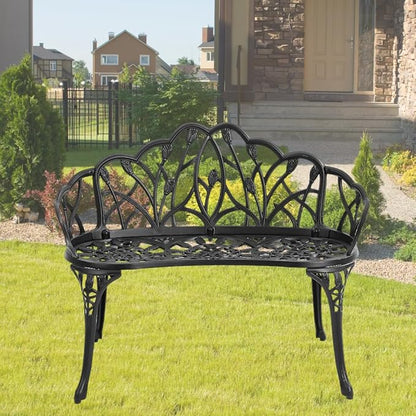 Patio Aluminum Outdoor Bench, Garden Metal Loveseat Furniture, Vintage Tulip Carving Antique Black Front Porch Chair Seat