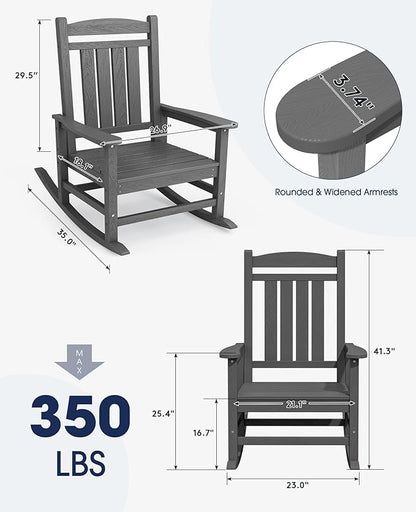 KINGYES Oversized Outdoor Rocking Chair Set of 4, HDPE Patio Rocking Chairs with 330lbs Support for Adults, Gray