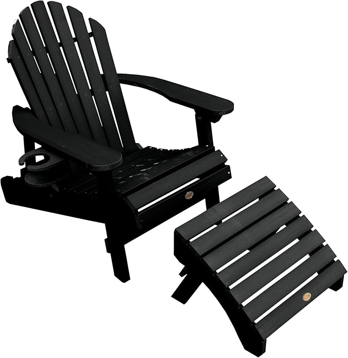 highwood AD-KITCHL5-BKE Hamilton Folding & Reclining Adirondack Chair with Ottman and Cup Holder, Black