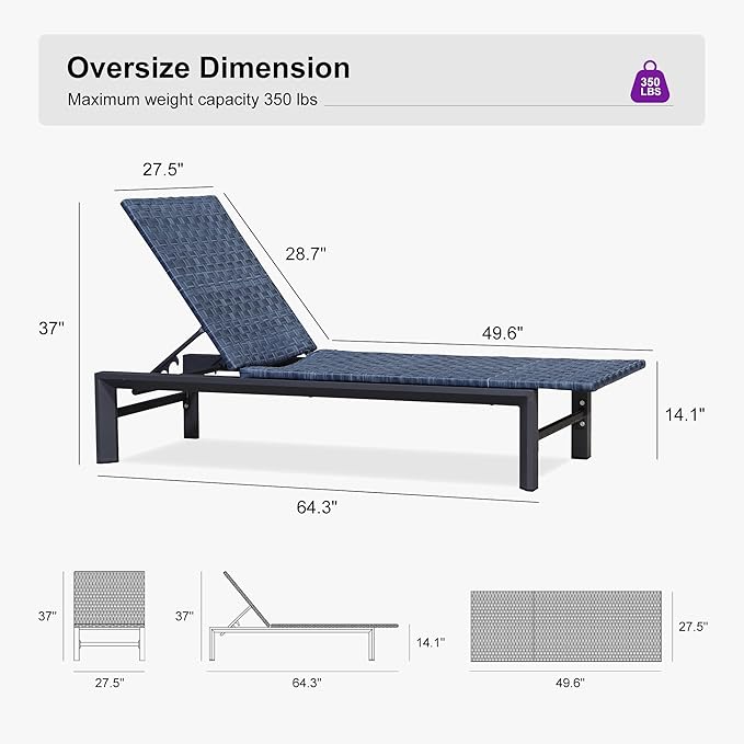 PURPLE LEAF Patio Oversized Chaise Lounge Rattan Chair Set of 2 Outdoor Pool Adjustable Recliner Wicker Chairs for - Photo 2