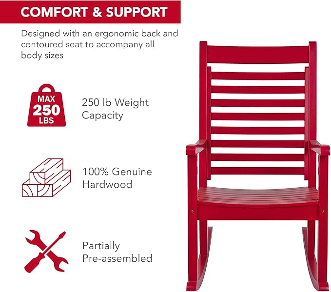 Shine Company Modern Wood Rocking Chair, Ergonomic Wide Seat Porch Rocker, Chili Pepper