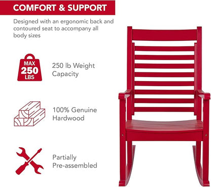 Shine Company Modern Wood Rocking Chair, Ergonomic Wide Seat Porch Rocker, Chili Pepper