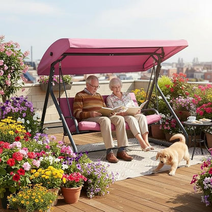 3-Seat Outdoor Convertible Swing Glider with Adjustable Canopy, 2-in-1 Bench to Flat Bed, Removable Cushions, Heavy-Duty Metal Frame, 750 LBS Weight Capacity for Patio, Backyard, Porch, Garden, Red