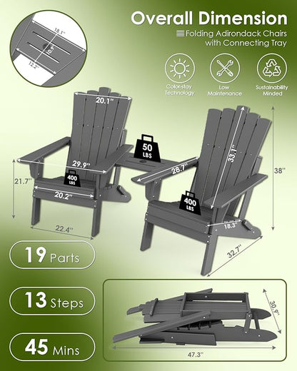 GREENVINES Folding-Adirondack-Chairs-Set-of-2 | HDPE Plastic | Throne Series | Fire Pit Chair | with Connecting Tray | Removable Table | All Weather | for Outdoor Patio Deck Poolside | Grey