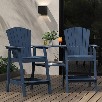 Tall Adirondack Chairs Set of 2 with Removable Tray, HDPE Bar Height Adirondack Bar Stools, High Back Patio Chairs for Balcony, Deck, Lawn, Backyard, All-Weather Outdoor Furniture, Navy Blue