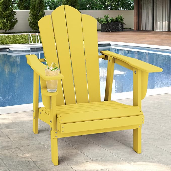 PROHIKER Adirondack Chair with Cup Holder, HDPE Outdoor Patio Chair All Weather Outdoor Chairs for Lawn Garden Porch Backyard, Plastic, Yellow