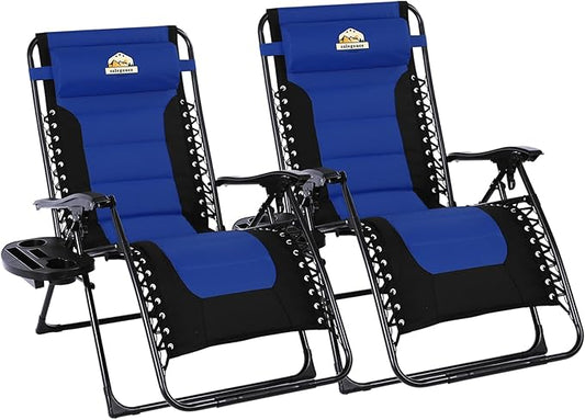 Oversized Padded Zero Gravity Lounge Chair Set of 2, Foldable Patio Anti Gravity Reclining Chairs Folding Lawn Recliner with Cup Holder for Yard, Camping, Outdoor, Support 350 LBS, Blue