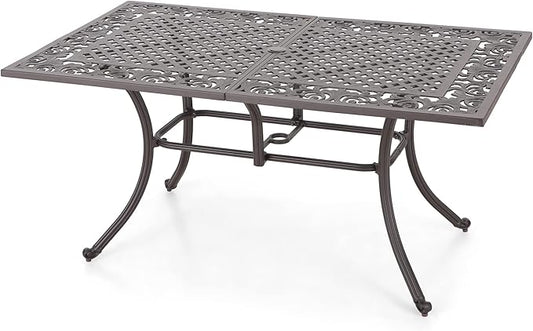 MFSTUDIO Cast Aluminum Patio Dining Table, Rectangular Outdoor Dining Table for 6, Patio Table with 2.16’’ Umbrella Hole, 63’’ Retro Design Metal Aluminum Table