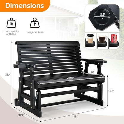 VINGLI Outdoor Glider Wood Patio Chair with Cup Holders, Outdoor Bench Glider Loveseat with Smooth Rocking Mechanism, Heavy Duty 800 LBS, Black
