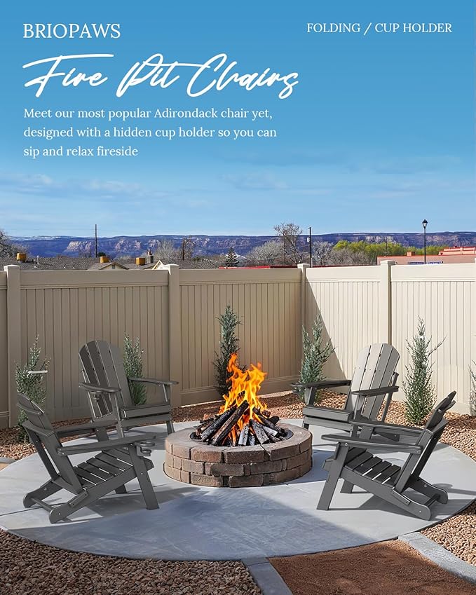 BRIOPAWS Folding-Adirondack-Chairs Set of 4 | HDPE | Fire Pit Chair | Cup Holder | Weather Resistance | Grey | for Outdoor Backyard Deck Patio