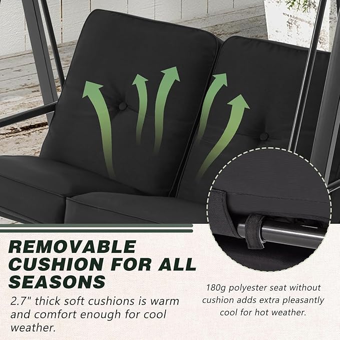 AECOJOY Outdoor Patio Swing Chair for Adults, 2-Seat Porch Swings with Adjustable Canopy, Outside Swing Bench with Removable Cushion, Suitable for Backyard, Garden, Yard, Poolside, Balcony (Black)
