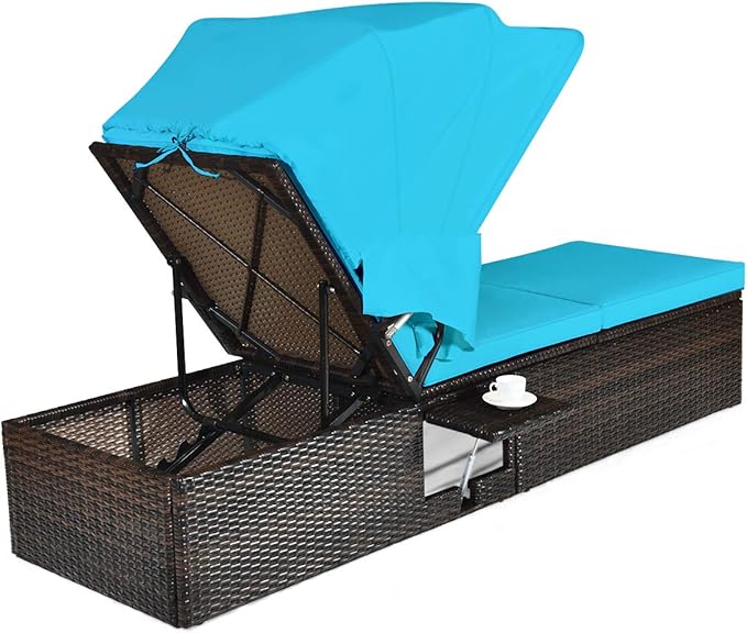 Tangkula Outdoor Chaise Lounge Chair with Folding Canopy, Adjustable Cushioned Reclining Chair with Flip-up Tea Table, Rattan Sun Lounger for Beach Poolside Backyard Balcony Porch (1, Turquoise)