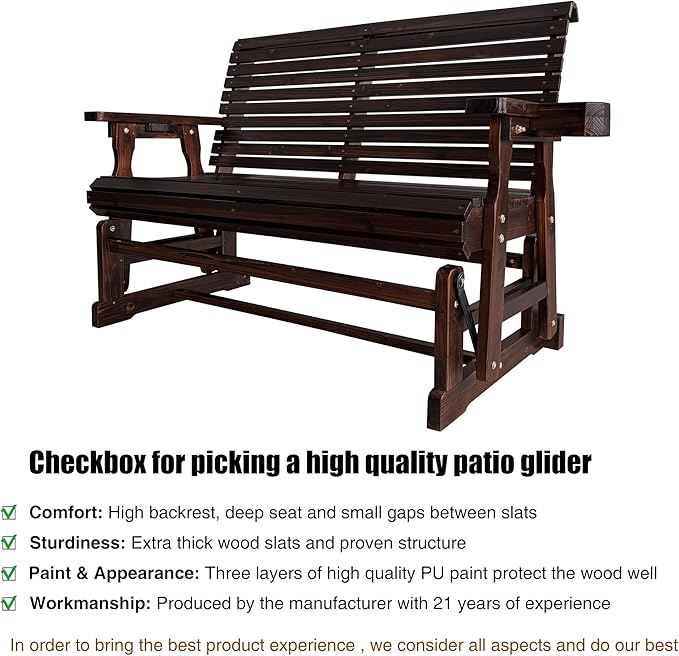 Fortune Candy Patio Glider with Cup Holders, High Roll Back and Deep Contoured Seat,Heavy Duty 800 Lb (Deep Brown, 2-Seater)