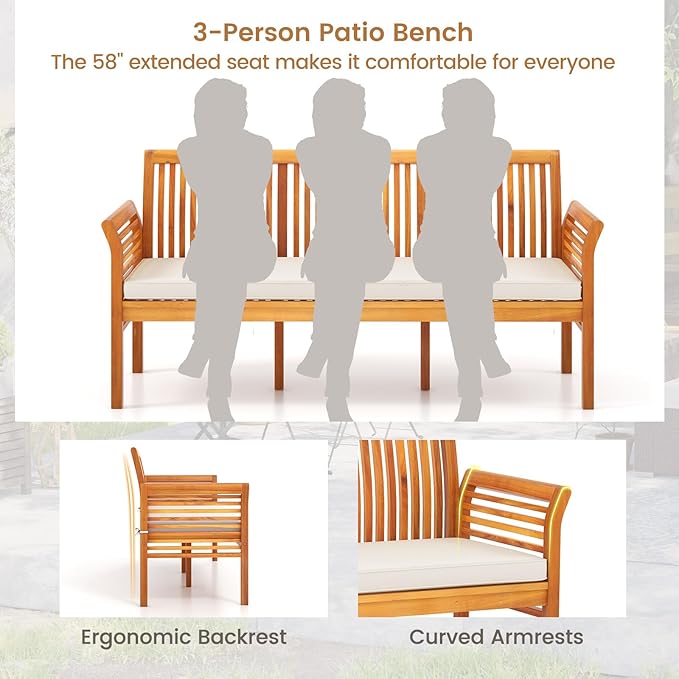 HAPPYGRILL 3-Person Outdoor Bench Acacia Wood Porch Bench, Garden Bench with High Backrest, Curved Armrests & Seat Cushion for Backyard Deck Patio Poolside