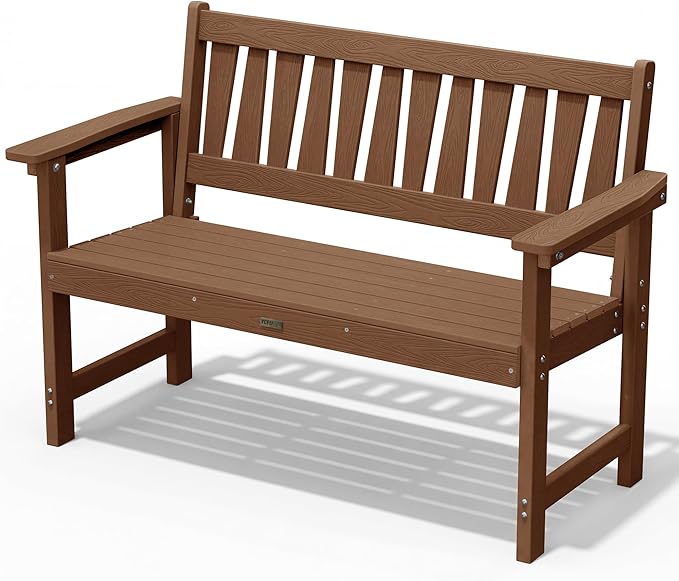 YEFU Outdoor Bench Weatherproof for Patio: 2-Person HIPS All Weather Garden Benches - Comfortable & Heavy Duty Patio Benches for Front Porch Backyard Park - Outside Furniture Bench, Teak