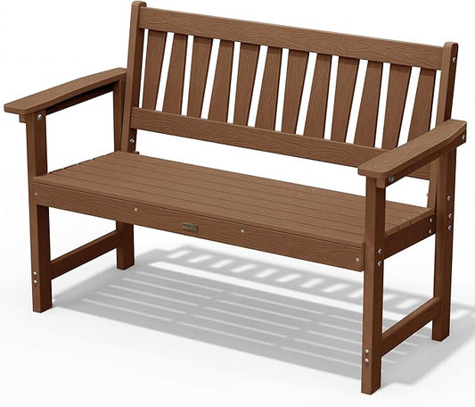 YEFU Outdoor Bench Weatherproof for Patio: 2-Person HIPS All Weather Garden Benches - Comfortable & Heavy Duty Patio Benches for Front Porch Backyard Park - Outside Furniture Bench, Teak