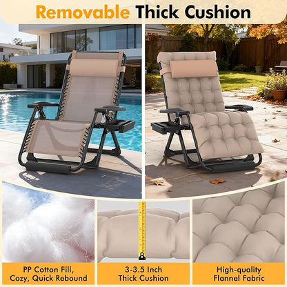 Slendor Oversized Zero Gravity Chairs XXL, Padded Zero Gravity Lounge Chair, Lawn Recliner, Folding Patio Reclining Chair w/Aluminum Alloy Lock, Headrest, Cup Holder, Support 500lbs, Khaki