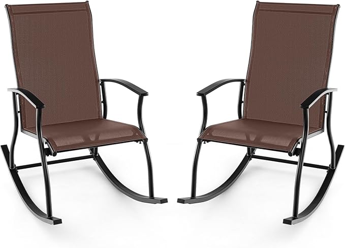 Giantex Outdoor Rocking Chair Set of 2 - Patio Rocking Chairs w/Breathable Backrest, Sturdy Metal Frame & Safe Ergonomic Design, Cozy Fabric Rocker for Backyard, Poolside, 330 lbs, Brown