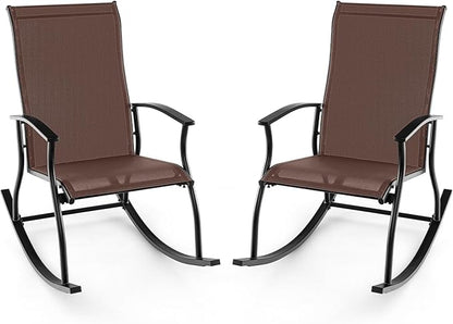 Giantex Outdoor Rocking Chair Set of 2 - Patio Rocking Chairs w/Breathable Backrest, Sturdy Metal Frame & Safe Ergonomic Design, Cozy Fabric Rocker for Backyard, Poolside, 330 lbs, Brown