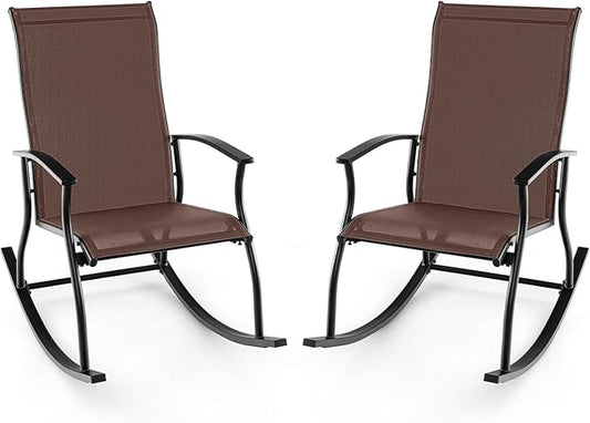 Giantex Outdoor Rocking Chair Set of 2 - Patio Rocking Chairs w/Breathable Backrest, Sturdy Metal Frame & Safe Ergonomic Design, Cozy Fabric Rocker for Backyard, Poolside, 330 lbs, Brown