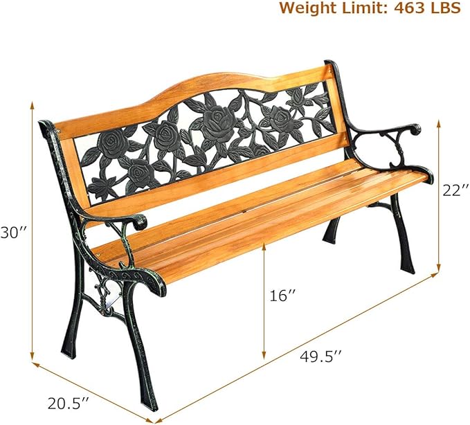 S AFSTAR Outdoor Garden Bench, Patio Bench with Large Rose Cast Backrest & Comfort Wood Seat, 470 LBS Load Capacity - Photo 3