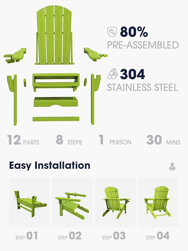 KINGYES Folding Adjustable Adirondack Chair with Ottoman, HDPE Adirondack Recliner Chair with Footrest, Apple
