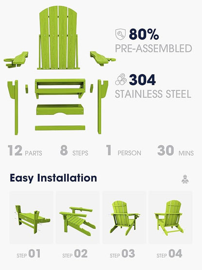 KINGYES Folding Adjustable Adirondack Chair with Ottoman, HDPE Adirondack Recliner Chair with Footrest, Apple