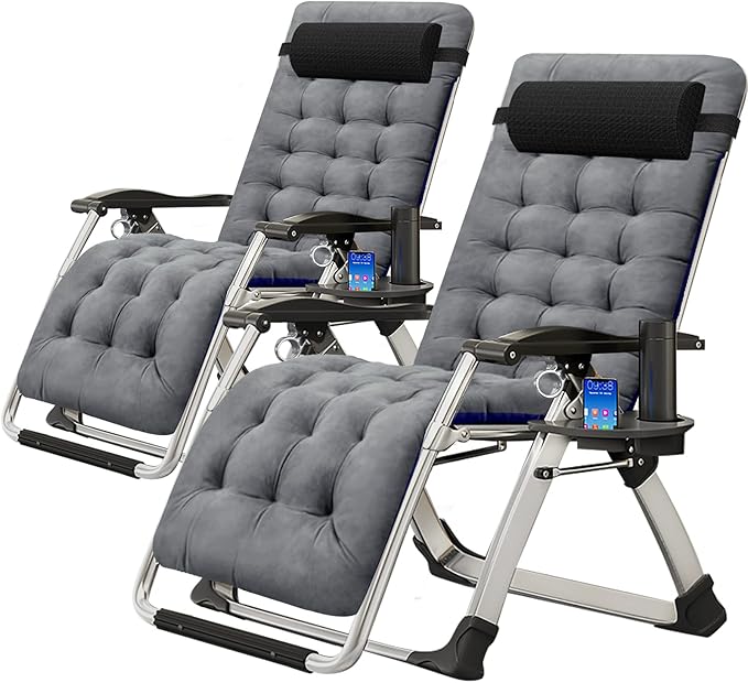 ABORON 2 Pack Zero Gravity Chair, Outdoor Lounge Chairs Sun Loungers with Removable Cushion, Headrest, Cup Holder - Photo 1