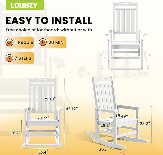 LOUNZY Outdoor Rocking Chair with Footboards Set of 5, HDPE Rocking Chair Patio Porch Rocker with 380lbs Support for Adult, White