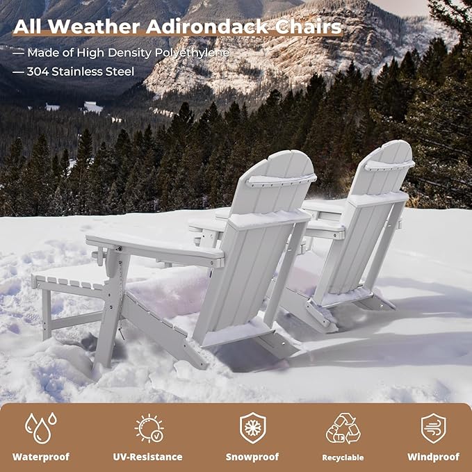 BRIOPAWS Adirondack-Chair-with-Pull-Out-Footrest | Folding | HDPE Plastic | Fire Pit Chairs | All Weather | Cup Holders | Curved Back | Retractable Ottoman | for Outdoor Deck Poolside | White