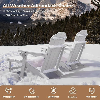 BRIOPAWS Adirondack-Chairs-with-Pull-Out-Footrest | Set of 4 | Folding | HDPE Plastic | Fire Pit Chair | All Weather | Cup Holders | Curved Back | Retractable Ottoman | for Poolside Deck | White