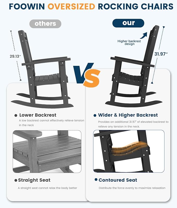 FOOWIN Outdoor Rocking Chair Set of 6, High Back Patio Rocking Chair, HDPE All Weather Resistant Porch Rocker for Adult, Oversized Rocking Chairs for Garden, Lawn, Indoor & Outdoor Use, Black