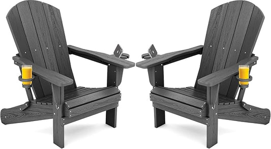 SERWALL Foldable Adirondack Chair Set of 2, HDPE Adirondack Chair with Wood-Texture-Gray