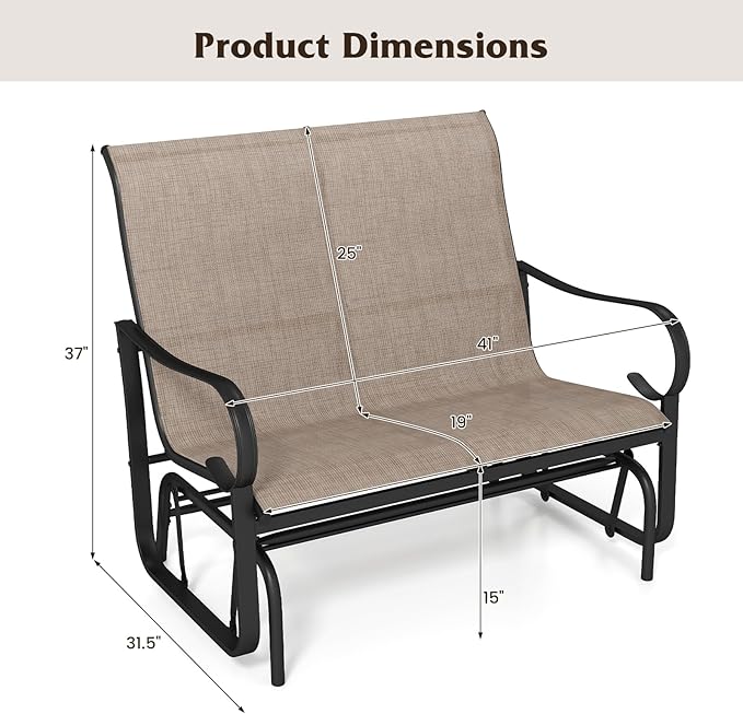 Tangkula Patio Gilder Bench, 2-Person Fabric Rocking Chair with High Backrest, Curved Armrests and Heavy-Duty Metal Frame, Outdoor Swing Loveseat for Porch, Garden and Backyard