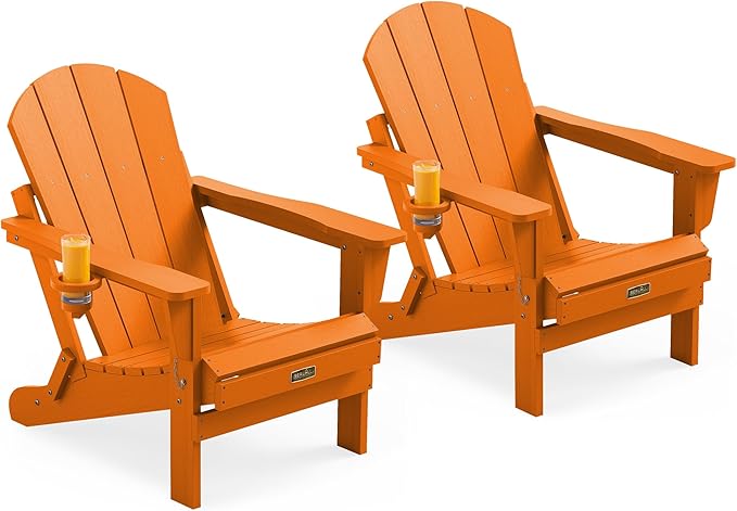 SERWALL Foldable Adirondack Chair with Cup Holder Set of 2 for Patio Garden Outdoors Fire Pit Chairs-Orange