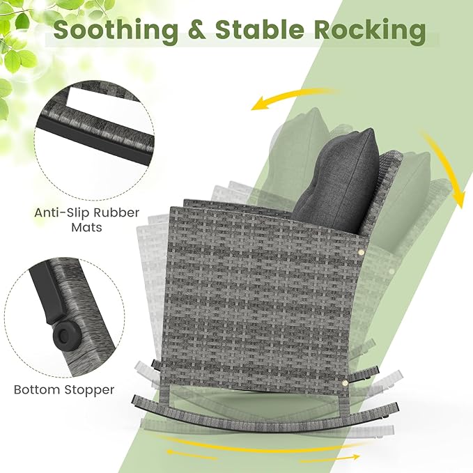 Tangkula 3 Piece Wicker Rocking Set, Patio Rattan Roker Chairs with Tempered Glass Table & Soft Cushions, Outdoor Furniture Set for Backyard, Poolside Porch (Grey)