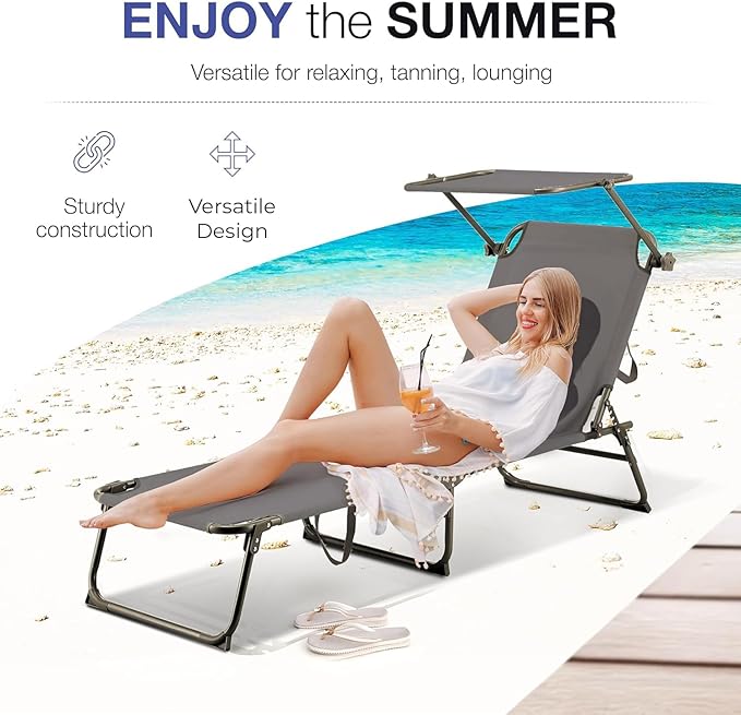 Folding Outdoor Lounge Chair Set of 2 with Adjustable Shade Canopy, Portable Sun Tanning Chairs, Gray (2, Grey)