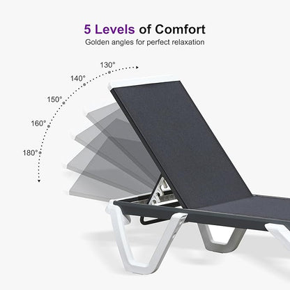 PURPLE LEAF Outdoor Chaise Lounge Set of 2 Plastic Pool Lounge Chair with Aluminum Frame Stackable Patio Tanningchairs for Poolside Sunbathing Beach Deck Yard, Dark Grey