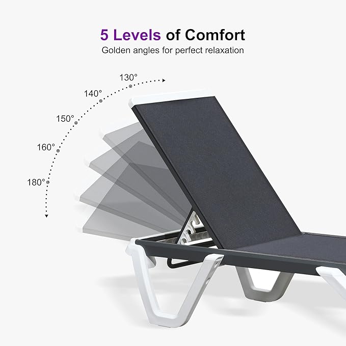 PURPLE LEAF Outdoor Chaise Lounge Set of 4 Plastic Pool Lounge Chair with Aluminum Frame Stackable Patio Tanning Chairs for Poolside Sunbathing Beach Deck, Dark Grey