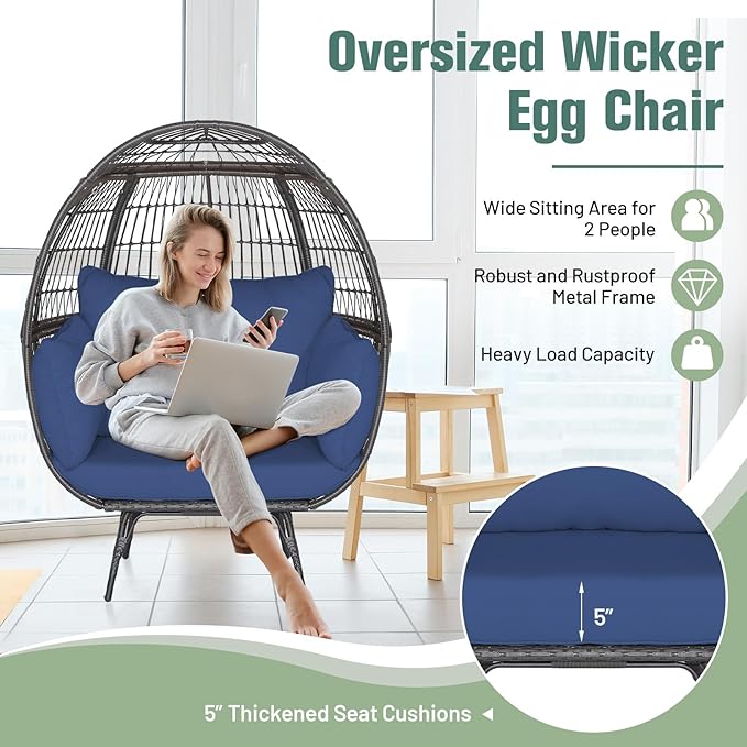 Tangkula PE Wicker Egg Chair, Patiojoy Oversized Indoor Outdoor Patio Lounge Chair with Cushions and Pillows - Photo 6