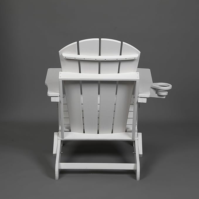 Outdoor Patio Folding Chair - White Composite Adirondack with Wood Grain and Dual Cup Holders