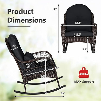 ORALNER Wicker Patio Rocking Chair, Outdoor PE Rattan Rocker with Seat and Back Cushion, Waist Pillow, Armrests, Garden Chair for Porch, Backyard, Poolside, Deck (1, Black)
