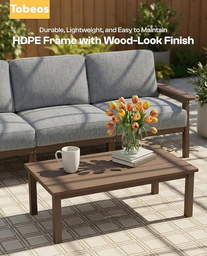 HDPE Patio Furniture Set 8 Seats, Outdoor Couch with Washable Thick Gray Cushions & Side Table, Outdoor Sectional Furniture for Backyard, Deck, Lawn, Porch (Brown Frame)